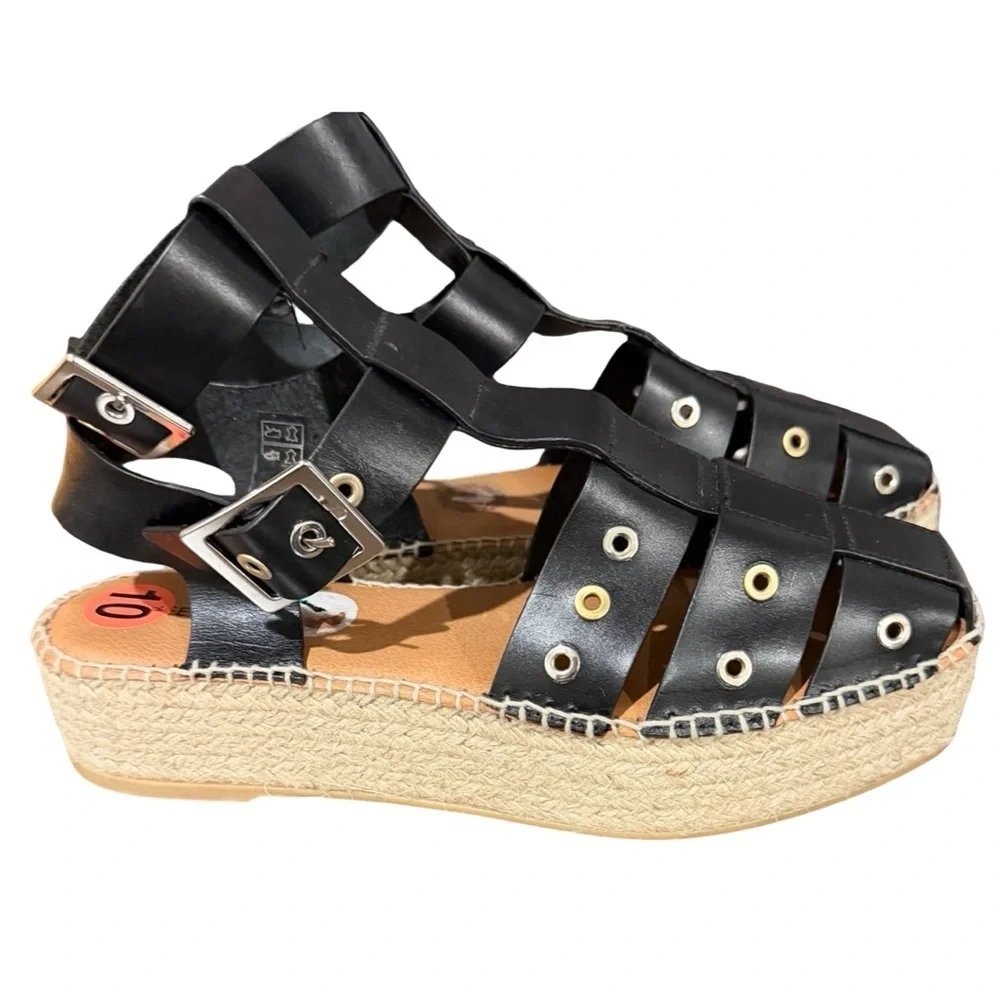 New Free People Black Glad Leather Espadrille Womens 10